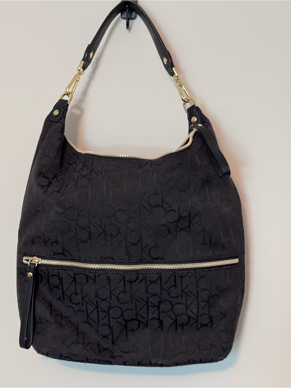 Calvin Klein Black Monogram Hobo Shoulder Bag Gold Hardware
